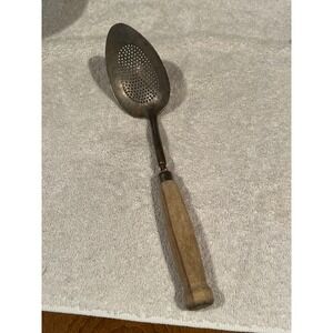 Vintage Perforated Skimmer Spoon Primitive Wooden Handle Rustic Kitchen Tool